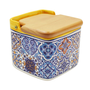 Portuguese Azulejo Ceramic Salt Holder with Wooden Lid, Yellow