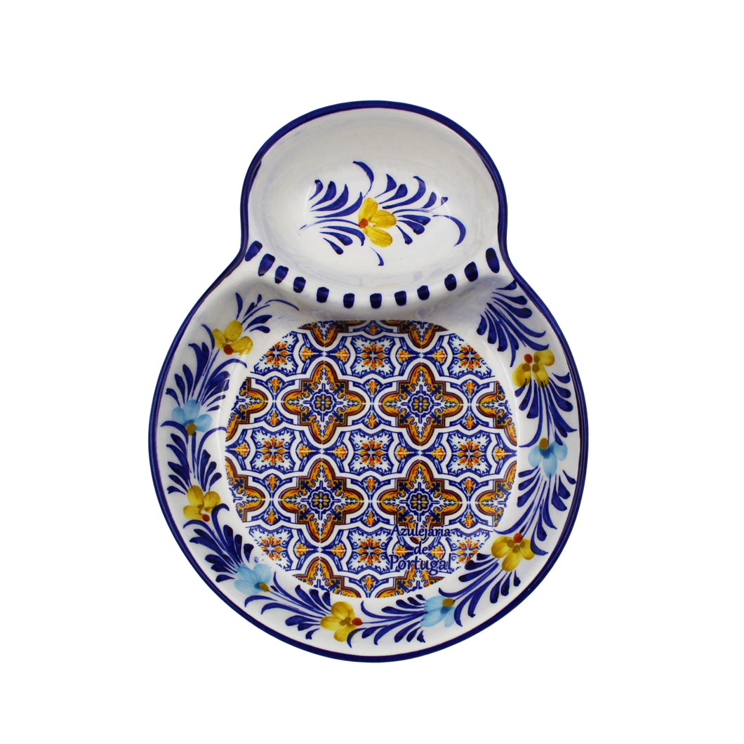 Hand-painted Decorative Ceramic Portuguese Blue Floral and Orange Tile Olive Dish