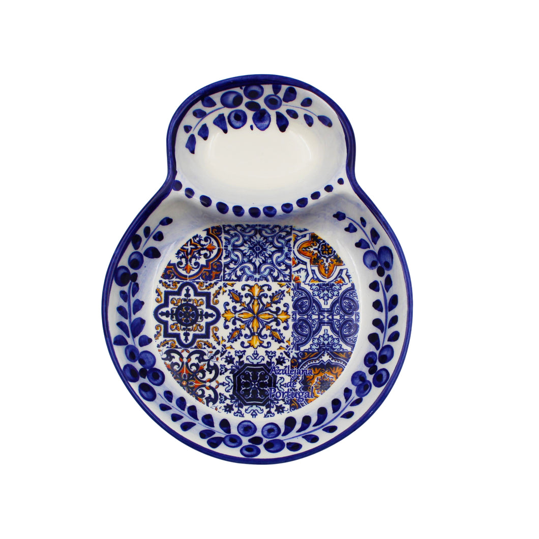 Hand-painted Decorative Ceramic Portuguese Blue Floral and Tile Olive Dish