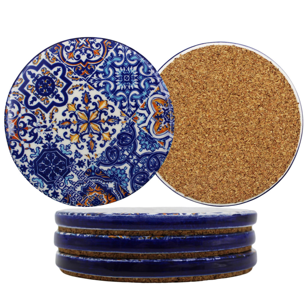 Traditional Multicolor Tile Azulejo Ceramic Coasters with Cork Bottom, Set of 4