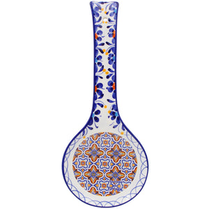 Portuguese Ceramic Spoon Rest – Blue and Orange Azulejo Tile Center with Hand-Painted Floral Border