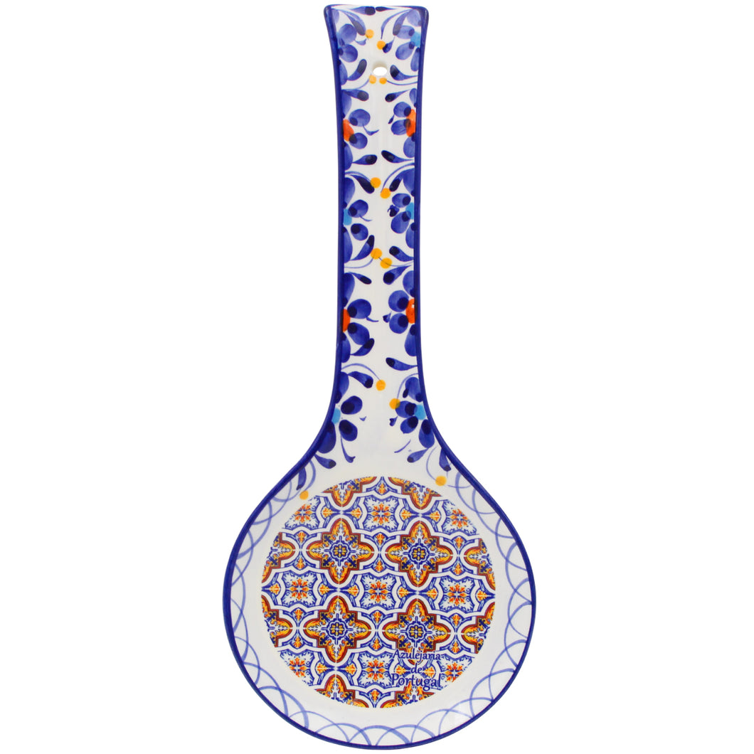Portuguese Ceramic Spoon Rest – Blue and Orange Azulejo Tile Center with Hand-Painted Floral Border