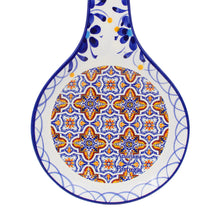 Load image into Gallery viewer, Portuguese Ceramic Spoon Rest – Blue and Orange Azulejo Tile Center with Hand-Painted Floral Border
