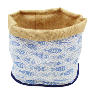 Blue & White Sardeine Bread Basket with Burlap Interior