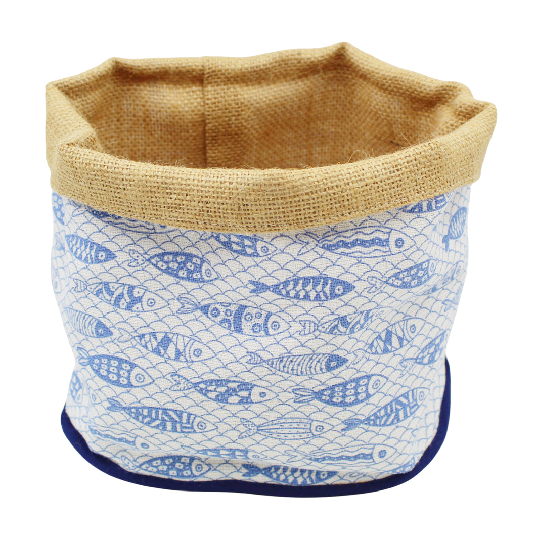 Blue & White Sardeine Bread Basket with Burlap Interior