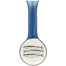 Load image into Gallery viewer, Portuguese Ceramic Spoon Rest – Blue Brushstroke Handle with Sardine Design
