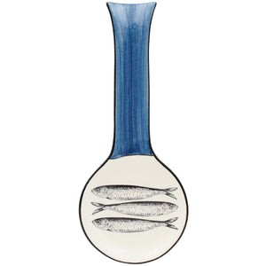 Portuguese Ceramic Spoon Rest – Blue Brushstroke Handle with Sardine Design