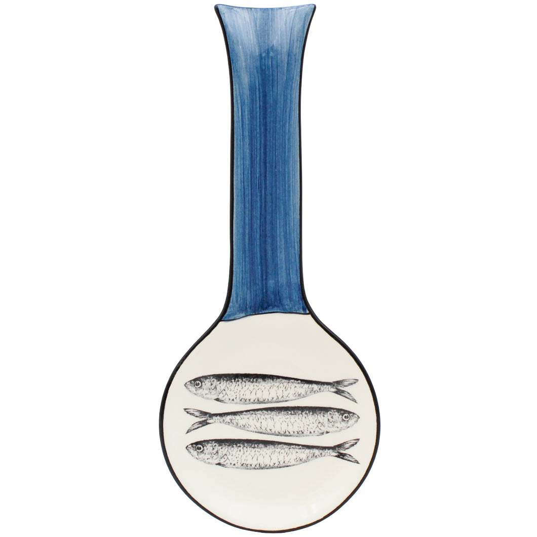 Portuguese Ceramic Spoon Rest – Blue Brushstroke Handle with Sardine Design