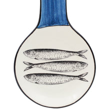 Load image into Gallery viewer, Portuguese Ceramic Spoon Rest – Blue Brushstroke Handle with Sardine Design
