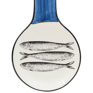 Portuguese Ceramic Spoon Rest – Blue Brushstroke Handle with Sardine Design
