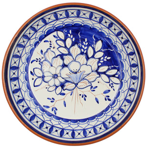 Hand-Painted Portuguese Blue Flower Bouquet Terracotta Serving Bowl - Artisan Crafted