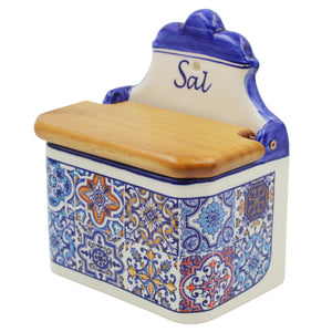 Portuguese Blue Azulejo Ceramic Salt Holder with Wooden Lid - Sal Design