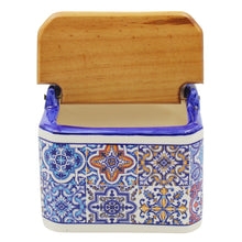 Load image into Gallery viewer, Portuguese Blue Azulejo Ceramic Salt Holder with Wooden Lid - Sal Design
