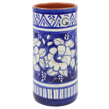 Load image into Gallery viewer, Hand-Painted Terracotta Wine Bottle Holder - Traditional Portuguese Blue Floral Design
