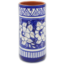 Load image into Gallery viewer, Hand-Painted Terracotta Wine Bottle Holder - Traditional Portuguese Blue Floral Design
