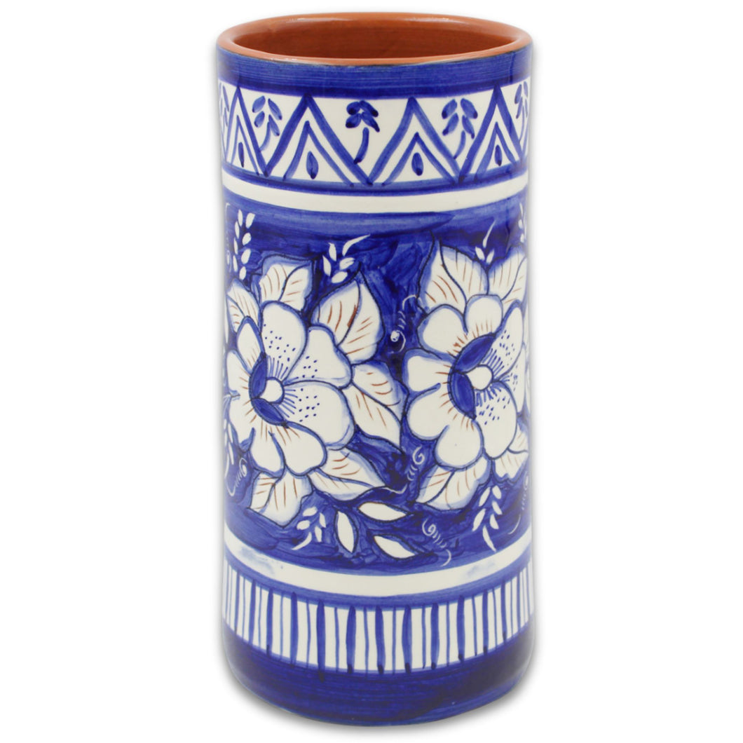 Hand-Painted Terracotta Wine Bottle Holder - Traditional Portuguese Blue Floral Design