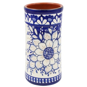 Hand-Painted Terracotta Wine Bottle Holder - Traditional Portuguese Blue Floral Design