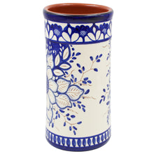 Load image into Gallery viewer, Hand-Painted Terracotta Wine Bottle Holder - Traditional Portuguese Blue Floral Design
