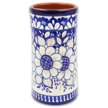 Load image into Gallery viewer, Hand-Painted Terracotta Wine Bottle Holder - Traditional Portuguese Blue Floral Design
