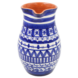 Handmade Traditional Portuguese Terracotta Pitcher - Vibrant Blue and White Striped Pattern, 1.2 Liters