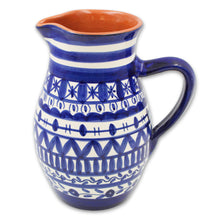 Load image into Gallery viewer, Handmade Traditional Portuguese Terracotta Pitcher - Vibrant Blue and White Striped Pattern, 1.2 Liters
