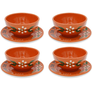 Hand-Painted Portuguese Caldo Verde Terracotta Soup Bowls with Saucers - Set of 4