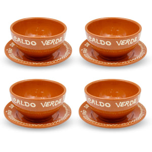 Set of 4 Portuguese Terracotta Caldo Verde Bowls with Plates – Traditional Clay Soup Set Handcrafted in Portugal