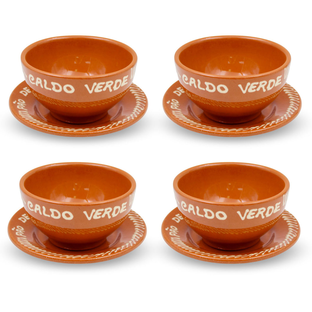 Set of 4 Portuguese Terracotta Caldo Verde Bowls with Plates – Traditional Clay Soup Set Handcrafted in Portugal