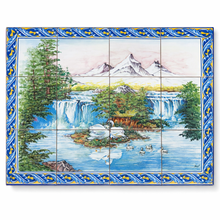 Load image into Gallery viewer, Portuguese Ceramic Tile Wall Panel – Waterfall Mountain Landscape with Swans &amp; Blue Azulejo Border (23.5" W x 17.6" H)
