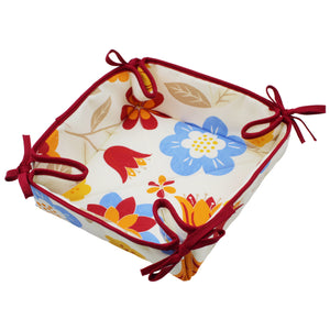 Floral Cotton Bread Basket with Red Ties, 100% Cotton