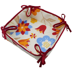 Floral Cotton Bread Basket with Red Ties, 100% Cotton