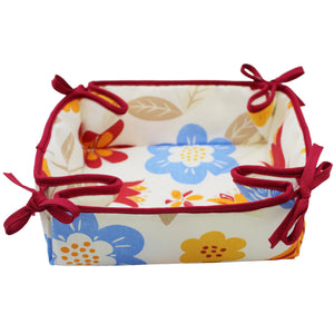 Floral Cotton Bread Basket with Red Ties, 100% Cotton