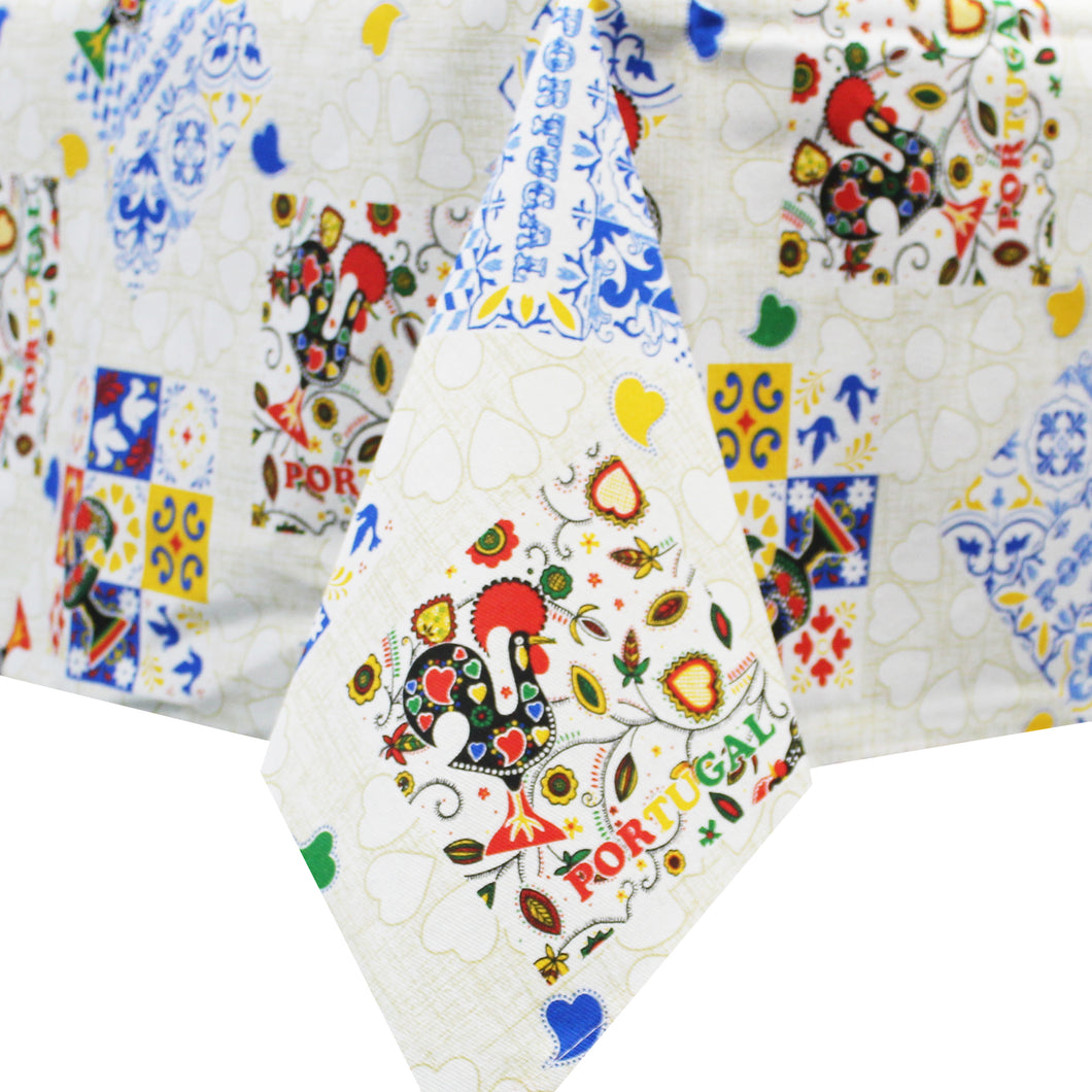 100% Cotton Portuguese Azulejo Good Luck Rooster Hearts Yellow Made in Portugal Tablecloth