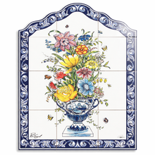 Load image into Gallery viewer, Portuguese Ceramic Tile Wall Panel – Floral Vase with Multicolor Flowers &amp; Blue Azulejo Border (17.6" W x 23.5" H)

