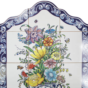 Floral Ceramic Tile Panel with Blue Border - 12 Piece Decorative Wall Art, Made in Portugal