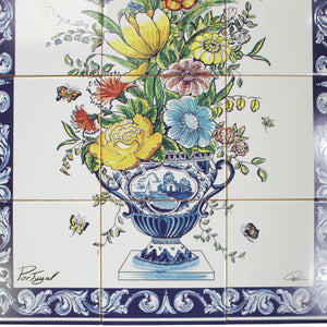 Floral Ceramic Tile Panel with Blue Border - 12 Piece Decorative Wall Art, Made in Portugal