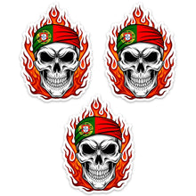 Load image into Gallery viewer, Portugal Skull Flame Stickers – Skull with Portuguese Flag Bandana Design, Set of 3
