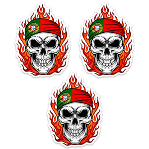 Portugal Skull Flame Stickers – Skull with Portuguese Flag Bandana Design, Set of 3