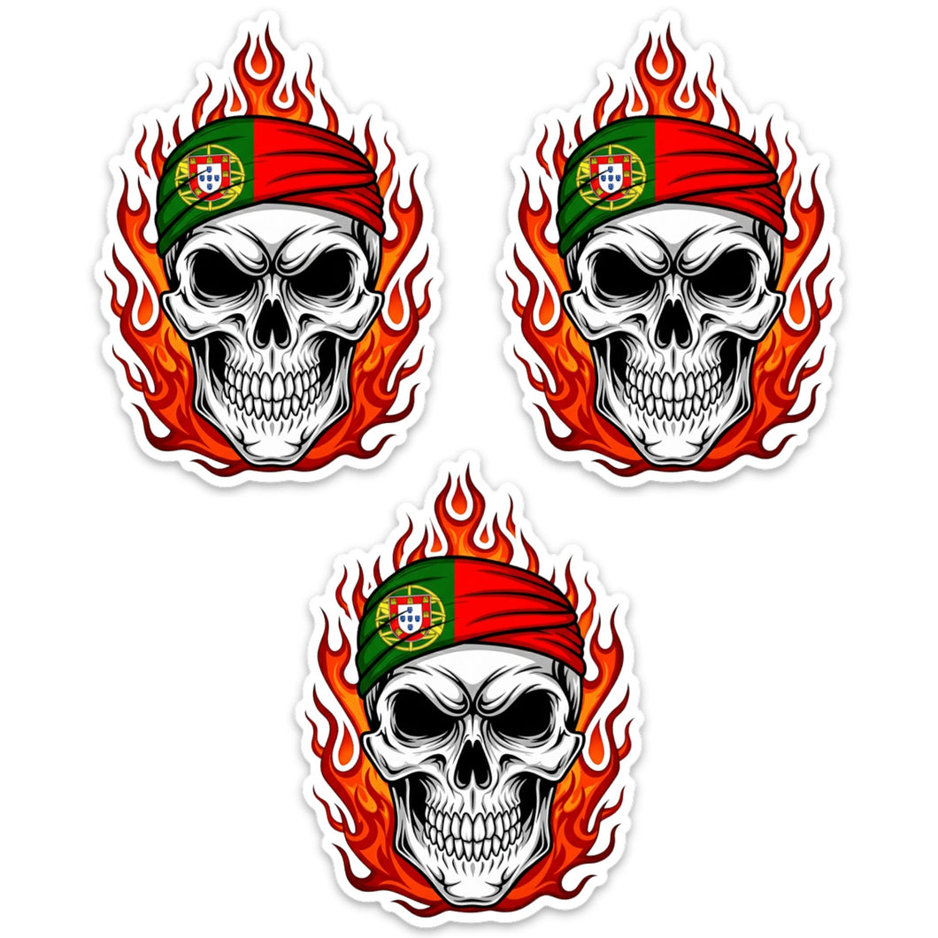 Portugal Skull Flame Stickers – Skull with Portuguese Flag Bandana Design, Set of 3