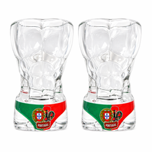 Load image into Gallery viewer, Portugal Speedo Shot Glass Set of 2 – Curved Glass Design with Flag, Crest &amp; Barcelos Rooster
