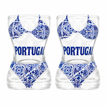 Load image into Gallery viewer, Portugal Bikini Shot Glass Set of 2 – Curvy Glass Design with Blue Tile Design
