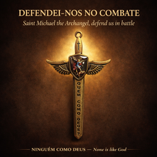 Load image into Gallery viewer, St. Michael Sword &amp; Prayer Plaque Set – Wooden Devotional Stand with Sword Charm
