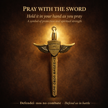 Load image into Gallery viewer, St. Michael Sword &amp; Prayer Plaque Set – Wooden Devotional Stand with Sword Charm
