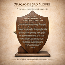 Load image into Gallery viewer, St. Michael Sword &amp; Prayer Plaque Set – Wooden Devotional Stand with Sword Charm
