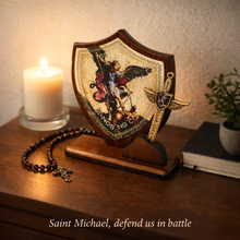 Load image into Gallery viewer, St. Michael Sword &amp; Prayer Plaque Set – Wooden Devotional Stand with Sword Charm
