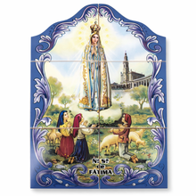 Load image into Gallery viewer, Portuguese Ceramic Tile Wall Panel – Our Lady of Fátima with Shepherd Children, Blue Azulejo Border (11.75" W x 17.5" H)
