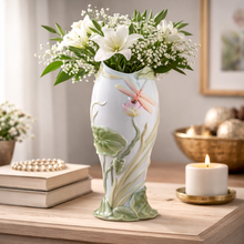 Load image into Gallery viewer, Dragonfly &amp; Lotus Porcelain Vase – Floral Decorative Vase
