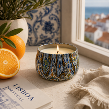 Load image into Gallery viewer, Portugal Orange Scented Candle in Decorative Tin – Traditional Portuguese Tile Design
