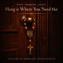 Load image into Gallery viewer, Our Lady of Aparecida Hanging Rosary — 21mm Imbuia Wood Beads, Double-Sided Medal &amp; St. Benedict Crucifix
