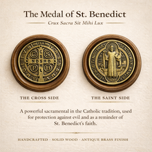 Load image into Gallery viewer, St. Benedict Wooden Key Holder Antique Brass Medals &amp; Hooks – Catholic Home Wall Organizer (6.5" x 3.5")
